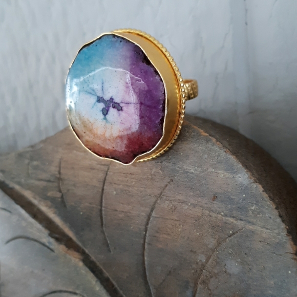 New Gold Plated Rainbow Solar Quartz Stamped Ring. - Picture 3 of 8